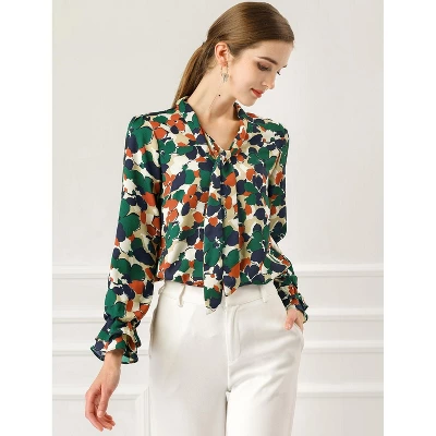 Allegra K Women's Floral Tie V Neck Blouse Chiffon Ruffle Trumpet Sleeve Shirt 4 Allegra K Women's Floral Tie V Neck Blouse Chiffon Ruffle Trumpet Sleeve Shirt - Image 2