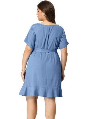 Agnes Orinda Women's Plus Size Belt Waist Ruffle Hem Chambray Shirt Dress 6 Agnes Orinda Women's Plus Size Belt Waist Ruffle Hem Chambray Shirt Dress - Image 4
