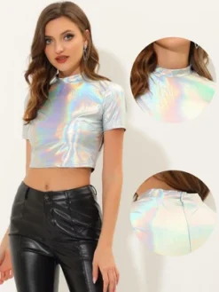 Allegra K Women's Party Short Sleeve Mock Neck Metallic Crop Top