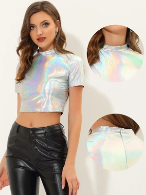 Allegra K Women's Party Short Sleeve Mock Neck Metallic Crop Top 3 Allegra K Women's Party Short Sleeve Mock Neck Metallic Crop Top