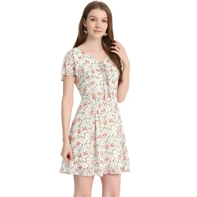 Allegra K Women's Floral Printed Spring Summer Flare Short Sleeve Lace-up V Neck Chiffon Dress 16 Allegra K Women's Floral Printed Spring Summer Flare Short Sleeve Lace-up V Neck Chiffon Dress - Image 14
