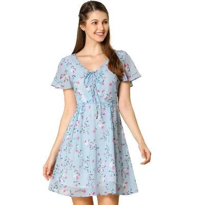 Allegra K Women's Floral Printed Spring Summer Flare Short Sleeve Lace-up V Neck Chiffon Dress 10 Allegra K Women's Floral Printed Spring Summer Flare Short Sleeve Lace-up V Neck Chiffon Dress - Image 8
