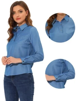 Allegra K Women's Point Collar Half Placket Casual Long Sleeve Chambray Blouse Shirts