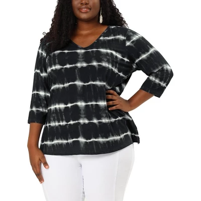 Agnes Orinda Women's Plus Size Tie Dye Side Slit 3/4 Sleeve Stripe V Neck Blouses 10 Agnes Orinda Women's Plus Size Tie Dye Side Slit 3/4 Sleeve Stripe V Neck Blouses - Image 8