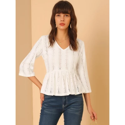 Allegra K Women's Solid Lace Lightweight Blouse V Neck 3/4 Sleeve Peasant Peplum Top 3 Allegra K Women's Solid Lace Lightweight Blouse V Neck 3/4 Sleeve Peasant Peplum Top - Image 2