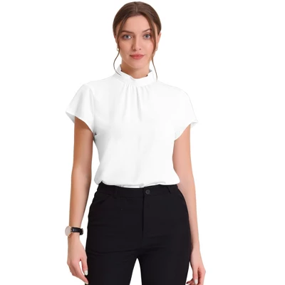 Allegra K Women's Mock Neck Pleated Elegant Office Solid Cap Sleeve Blouse 7 Allegra K Women's Mock Neck Pleated Elegant Office Solid Cap Sleeve Blouse - Image 5