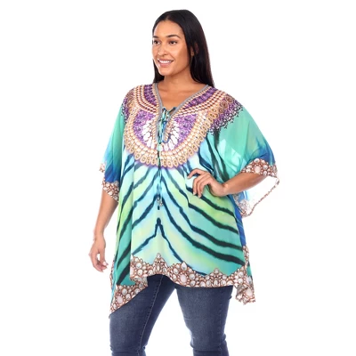 Plus Size Short Caftan With Tie-up Neckline - One Size Fits Most Plus - White Mark 3 Plus Size Short Caftan With Tie-up Neckline - One Size Fits Most Plus - White Mark