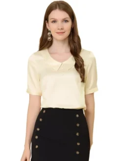Allegra K Women's Turndown Collar Button Decor Short Sleeve Satin Blouse 13 Allegra K Women's Turndown Collar Button Decor Short Sleeve Satin Blouse -Dresses City Shop GUEST 80137049 88fa 4461 a868 cf353992b6bd
