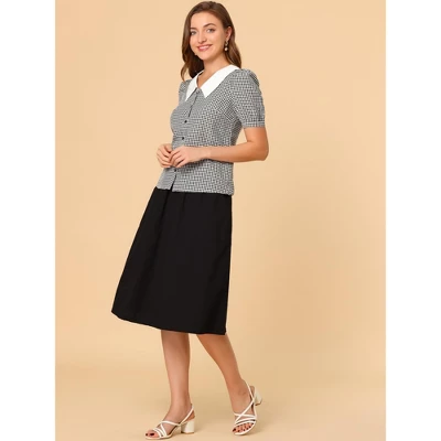 Allegra K Women's Plaid Puff Sleeve Blouse Contrast Collar Button Down Shirt Tops 5 Allegra K Women's Plaid Puff Sleeve Blouse Contrast Collar Button Down Shirt Tops - Image 3