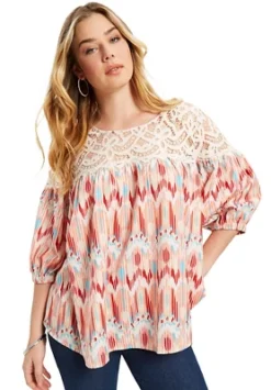 June + Vie By Roaman's Women’s Plus Size Blouson-Sleeve Crochet Yoke Blouse.