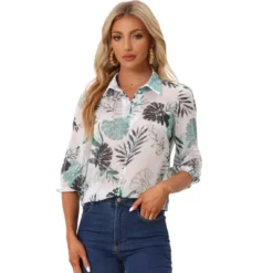Allegra K Women's Point Collared 3/4 Sleeves Sheer Lightweight Leaves Floral Print Shirt 12 Allegra K Women's Point Collared 3/4 Sleeves Sheer Lightweight Leaves Floral Print Shirt -Dresses City Shop GUEST 8536d7e4 fe73 44be b81b fad7d92a3efe
