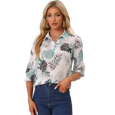 Allegra K Women's Point Collared 3/4 Sleeves Sheer Lightweight Leaves Floral Print Shirt 7 Allegra K Women's Point Collared 3/4 Sleeves Sheer Lightweight Leaves Floral Print Shirt - Image 5