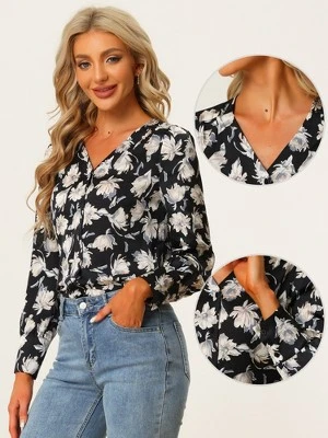 Allegra K Floral Blouse For Women's V Neck Button Up Long Sleeve Satin Blouses 3 Allegra K Floral Blouse For Women's V Neck Button Up Long Sleeve Satin Blouses