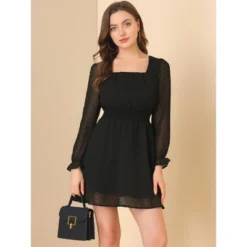 Allegra K Women's Swiss Dots Puff Square Neck Smocked Waist Chiffon Dress