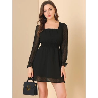 Allegra K Women's Swiss Dots Puff Square Neck Smocked Waist Chiffon Dress 3 Allegra K Women's Swiss Dots Puff Square Neck Smocked Waist Chiffon Dress