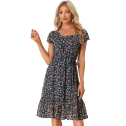 Allegra K Women's Floral Chiffon Flutter Sleeve Belted Square Neck Ruffled Hem Dress 29 Allegra K Women's Floral Chiffon Flutter Sleeve Belted Square Neck Ruffled Hem Dress -Dresses City Shop GUEST 85946b97 4d93 4917 bf02 9558ea9f63b8