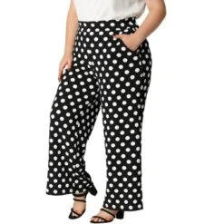 Agnes Orinda Women's Plus Size Formal Palazzo Polka Dots Wide Leg High Rise Wide Leg Pants