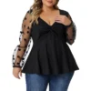 Agnes Orinda Women's Plus Size Heart Sheer Long Sleeve Mesh V Neck Peplum Blouse