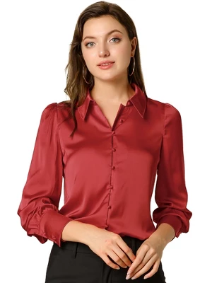 Allegra K Women's Satin Puff Sleeve Point Collar Vintage Button Up Shirt 11 Allegra K Women's Satin Puff Sleeve Point Collar Vintage Button Up Shirt - Image 9