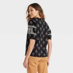 Women's Short Sleeve Embroidered Blouse - Knox Rose™ Black