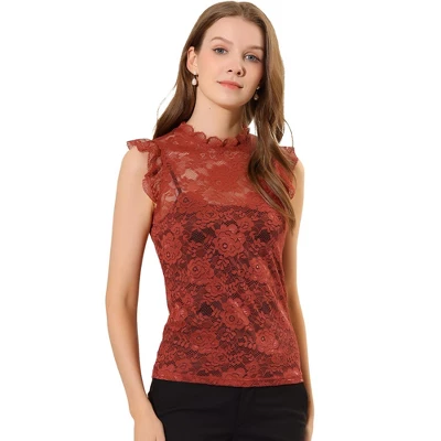 Allegra K Women's Sleeveless Blouse See Through Ruffle Semi Sheer Floral Lace Top 8 Allegra K Women's Sleeveless Blouse See Through Ruffle Semi Sheer Floral Lace Top - Image 6