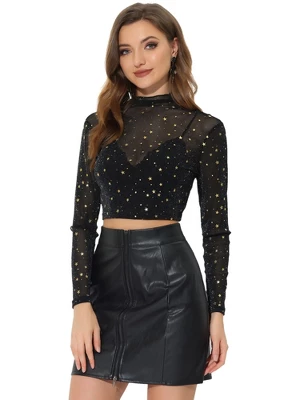 Allegra K Women's Mesh Crop Stars Mock Neck Party See Through Blouse 7 Allegra K Women's Mesh Crop Stars Mock Neck Party See Through Blouse - Image 5