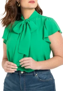 ELOQUII Women’s Plus Size Flutter Sleeve Tie Neck Blouse -Dresses City Shop GUEST 8d3d41de 7930 48a0 8250 527ac749f459