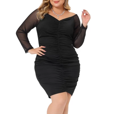 Agnes Orinda Women's Plus Size Off Shoulder Mesh Long Sleeve Stretchy Ruched Cocktail Mini Bodycon Dress 7 Agnes Orinda Women's Plus Size Off Shoulder Mesh Long Sleeve Stretchy Ruched Cocktail Mini Bodycon Dress - Image 5