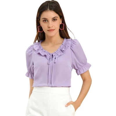 Allegra K Women's Tie V Neck Ruffle Neck Top Puff Sleeve Ruffle Cuff Casual Blouse 8 Allegra K Women's Tie V Neck Ruffle Neck Top Puff Sleeve Ruffle Cuff Casual Blouse - Image 6