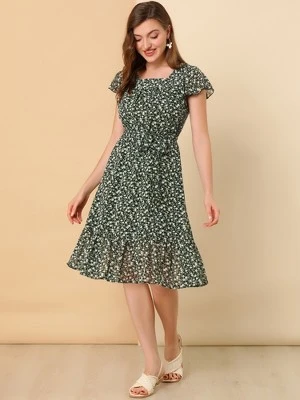 Allegra K Women's Floral Chiffon Flutter Sleeve Belted Square Neck Ruffled Hem Dress 4 Allegra K Women's Floral Chiffon Flutter Sleeve Belted Square Neck Ruffled Hem Dress - Image 2