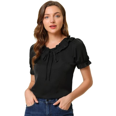 Allegra K Women's Tie V Neck Ruffle Neck Top Puff Sleeve Ruffle Cuff Casual Blouse 12 Allegra K Women's Tie V Neck Ruffle Neck Top Puff Sleeve Ruffle Cuff Casual Blouse - Image 10