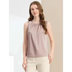 Allegra K Women's Satin Round Neck Sleeveless Work Office Pleated Blouse