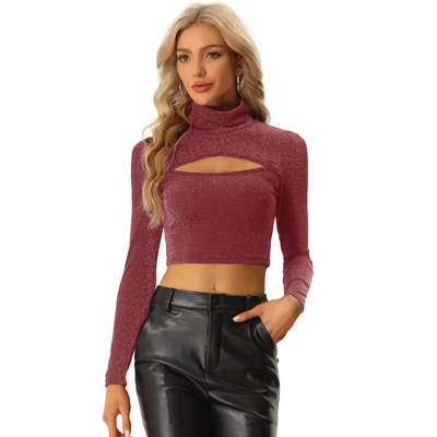 Allegra K Women's Party Mock Neck Cutout Front Long Sleeve Slim Fit Crop Blouses 7 Allegra K Women's Party Mock Neck Cutout Front Long Sleeve Slim Fit Crop Blouses - Image 5