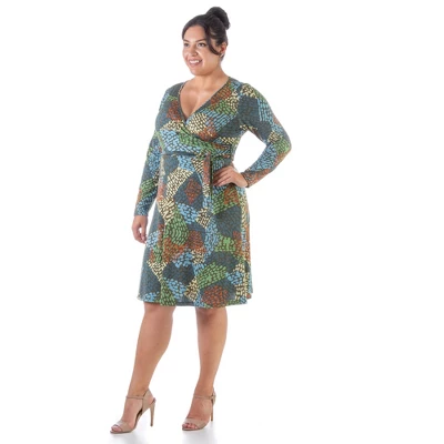 24seven Comfort Apparel Green Plus Size Long Sleeve Knee Length Faux Wrap Dress 3 24seven Comfort Apparel Green Plus Size Long Sleeve Knee Length Faux Wrap Dress