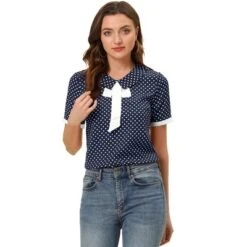 Allegra K Women's Polka Dots Flat Collar Contrast Tie Neck Short Sleeve Blouses -Dresses City Shop GUEST 9273b2e9 6aee 4f13 8f71 049b8938e766