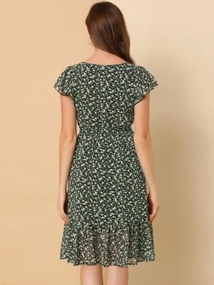 Allegra K Women's Floral Chiffon Flutter Sleeve Belted Square Neck Ruffled Hem Dress 6 Allegra K Women's Floral Chiffon Flutter Sleeve Belted Square Neck Ruffled Hem Dress - Image 4