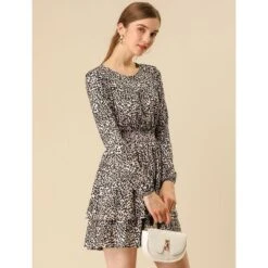 Allegra K Women's Leopard Print Crew Neck Smock Waist Long Sleeve Ruffle Mini Dress