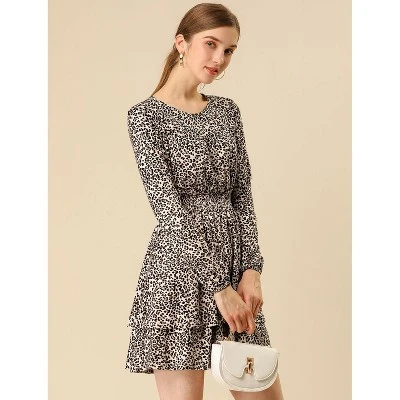 Allegra K Women's Leopard Print Crew Neck Smock Waist Long Sleeve Ruffle Mini Dress 3 Allegra K Women's Leopard Print Crew Neck Smock Waist Long Sleeve Ruffle Mini Dress