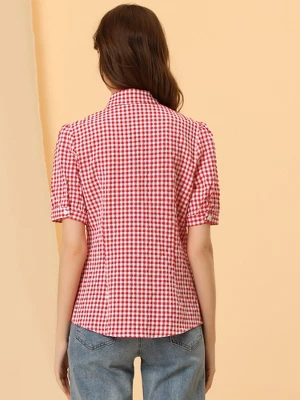 Allegra K Women's Plaid Blouse Bow Tie Neck Puff Short Sleeve Gingham Shirt 4 Allegra K Women's Plaid Blouse Bow Tie Neck Puff Short Sleeve Gingham Shirt - Image 2