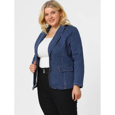 Agnes Orinda Women's Plus Size Denim Notched Lapel Color Block Stretch Blazer 5 Agnes Orinda Women's Plus Size Denim Notched Lapel Color Block Stretch Blazer - Image 3