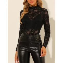 Allegra K Women's See Through Long Sleeve Turtleneck Sheer Floral Lace Blouse