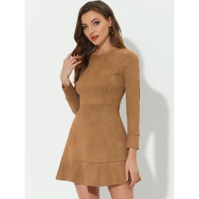 Allegra K Women's Faux Suede Crew Neck Long Sleeve Ruffled Hem Mini Dress 3 Allegra K Women's Faux Suede Crew Neck Long Sleeve Ruffled Hem Mini Dress