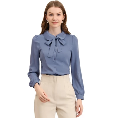 Allegra K Women's Peter Pan Collar Chiffon Bow Tie Neck Puff Sleeve Button Up Shirt 12 Allegra K Women's Peter Pan Collar Chiffon Bow Tie Neck Puff Sleeve Button Up Shirt - Image 10