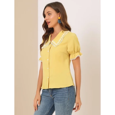Allegra K Women's Sweet Peter Pan Contrast Collar Short Sleeves Button Up Blouse Tops 5 Allegra K Women's Sweet Peter Pan Contrast Collar Short Sleeves Button Up Blouse Tops - Image 3