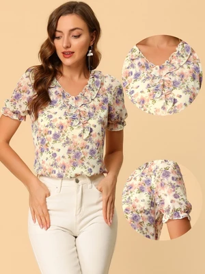 Allegra K Women's Ruffle V Neck Puff Short Sleeve Floral Blouse 3 Allegra K Women's Ruffle V Neck Puff Short Sleeve Floral Blouse