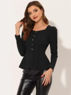 Allegra K Women's Square Neck Blouse Long Sleeve Knit Peplum Top -Dresses City Shop GUEST ab27120c 0bed 460f a45b a1638234c48d