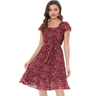 Allegra K Women's Floral Chiffon Flutter Sleeve Belted Square Neck Ruffled Hem Dress 21 Allegra K Women's Floral Chiffon Flutter Sleeve Belted Square Neck Ruffled Hem Dress - Image 19