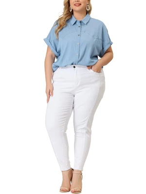Agnes Orinda Women's Plus Size Chambray Work Roll Sleeves Buttons Down Shirts 3 Agnes Orinda Women's Plus Size Chambray Work Roll Sleeves Buttons Down Shirts