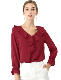 Allegra K Women's Office Work Ruffle V Long Sleeve Neck Chiffon Peasant Blouse -Dresses City Shop GUEST b12dcb0a a382 480f 9ca5 bfe34d2822c3
