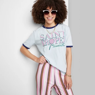 Women's Ascot + Hart Saint Tropez Short Sleeve Graphic Ringer T-Shirt - Blue 7 Women's Ascot + Hart Saint Tropez Short Sleeve Graphic Ringer T-Shirt - Blue - Image 5